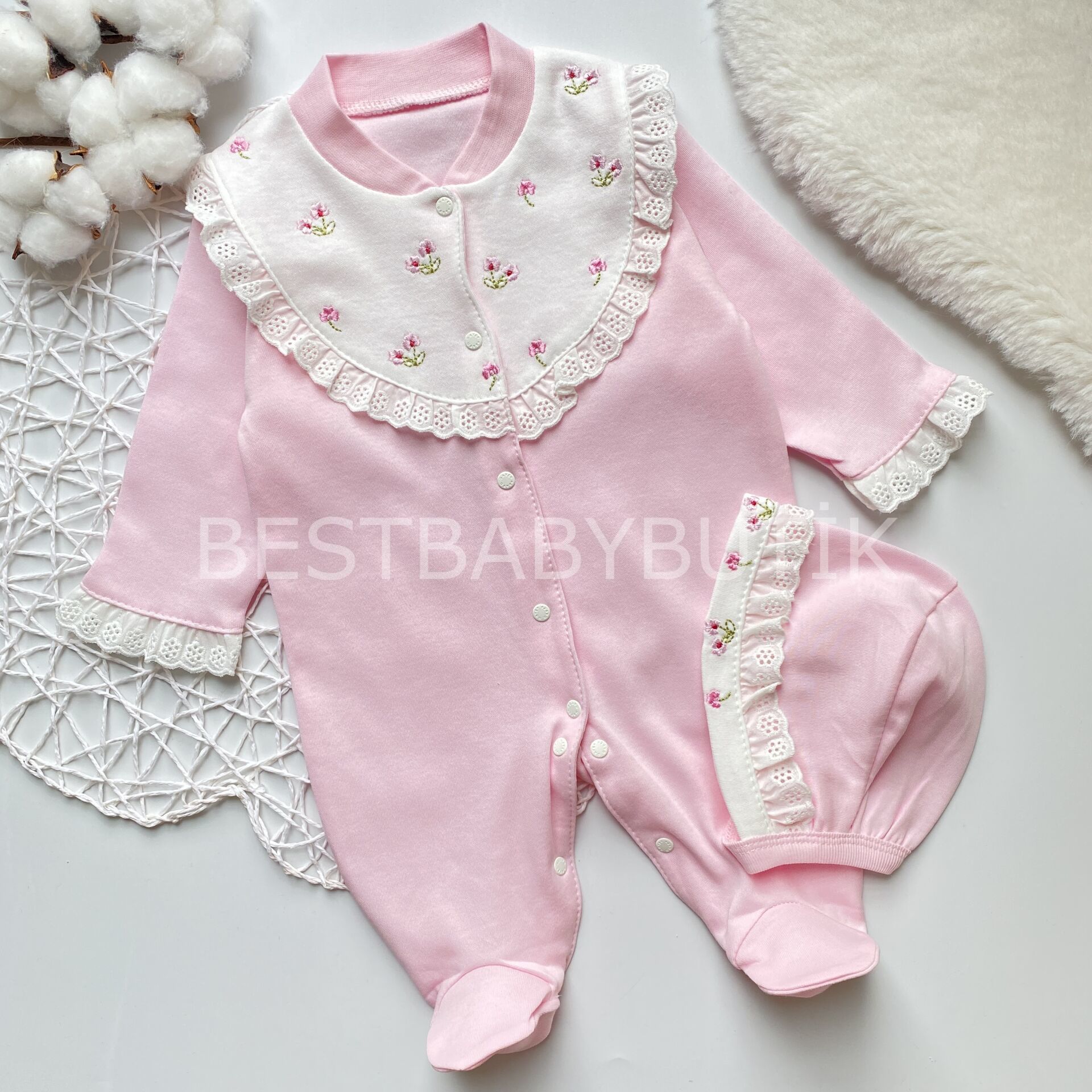 YENİ SEZON HAPPY FİSTO DETAYLI ÇİÇEK İŞLEMELİ TULUM VE BERESİ