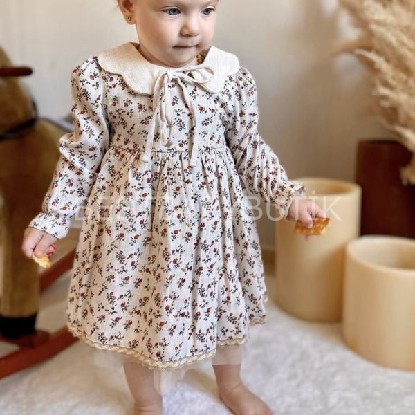 PERA ÇITIR ÇİÇEKLİ BEBE YAKA TÜLLÜ ELBİSE