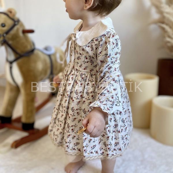PERA ÇITIR ÇİÇEKLİ BEBE YAKA TÜLLÜ ELBİSE