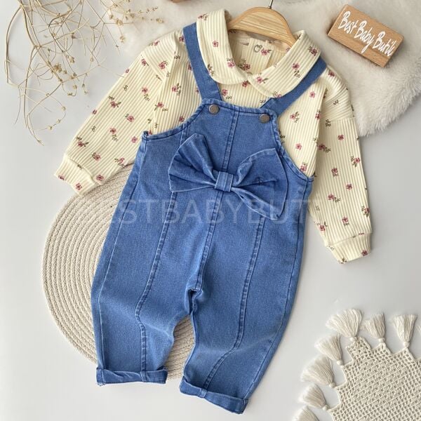 Çıtır çiçekli fiyonklu kot salopet