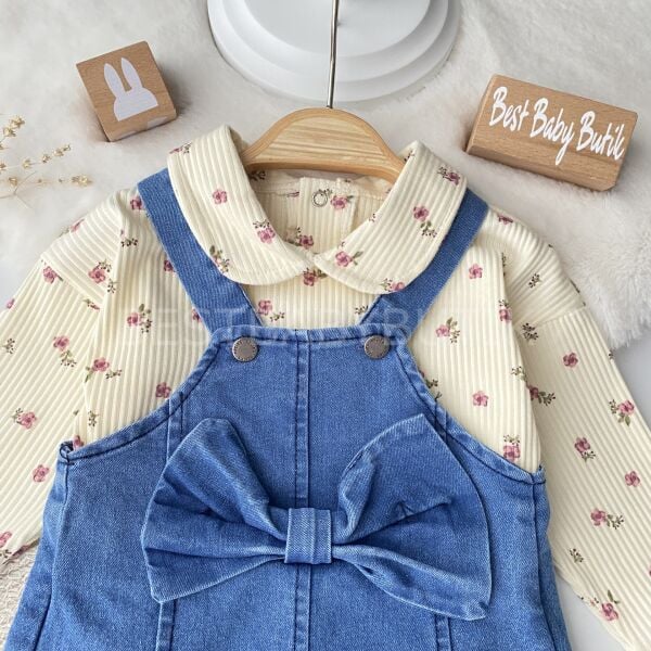 Çıtır çiçekli fiyonklu kot salopet 6-9 AY