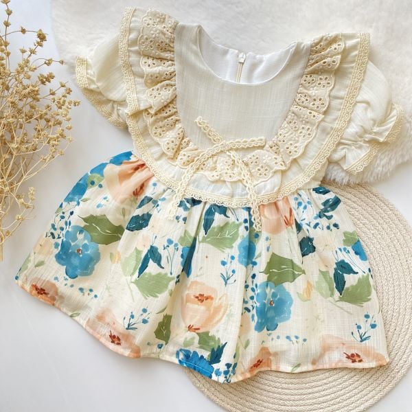 FLOWERS FİSTO YAKA DETAYLI MAVİ ÇİÇEKLİ ELBİSE