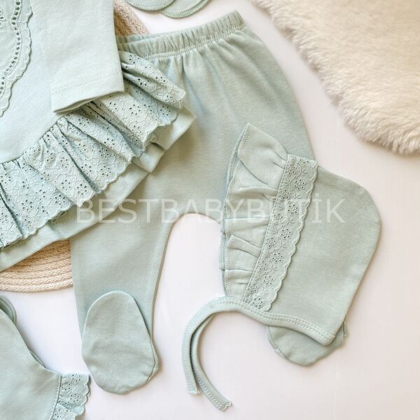 Fisto Yaka Detaylı Fırfırlı 5 Parça Hastane Çıkışı Seti