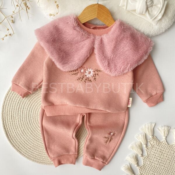 Peluş Büyük Yakalı Nakışlı Şardonlu Kışlık 2’Li Takım