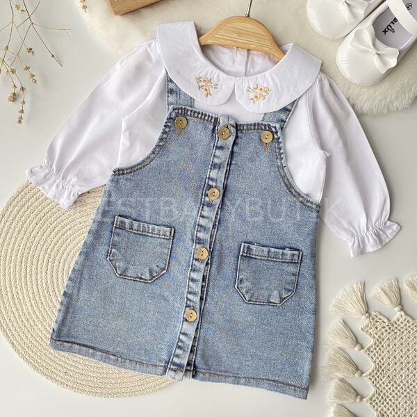 Mihra Gömleği Çiçek Nakışlı Kot Salopet Elbise