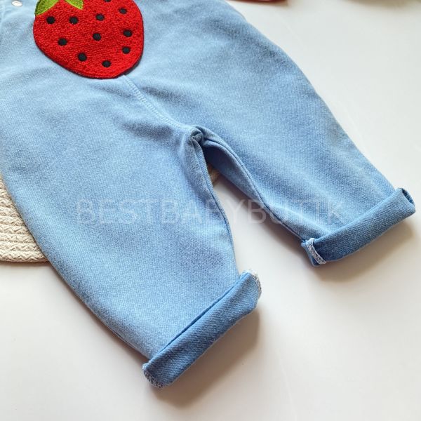ÇİLEK FİSTO YAKALI BLUZ VE  KOT SALOPET 2’Lİ TAKIM