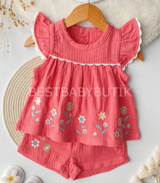 Fiyona Çiçek Nakışlı Müslin Robalı 2’Li Takım