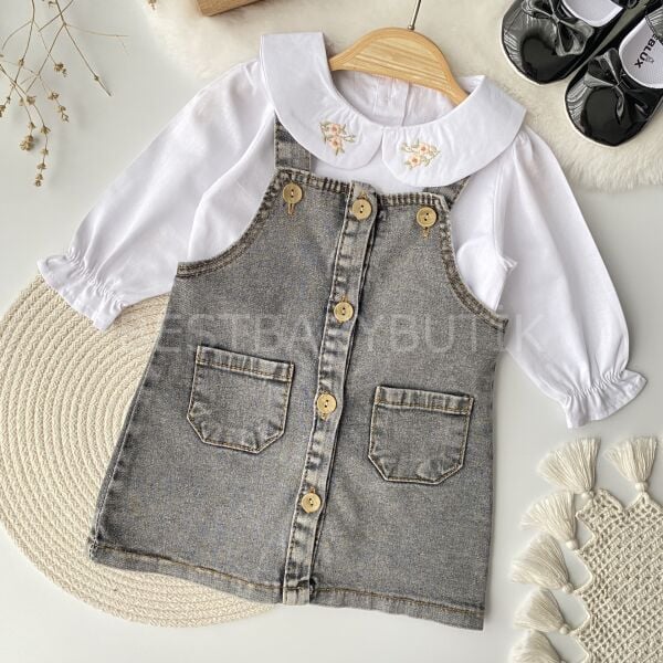 Mihra Gömleği Çiçek Nakışlı Kot Salopet Elbise