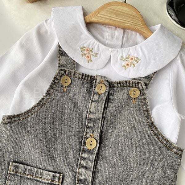 Mihra Gömleği Çiçek Nakışlı Kot Salopet Elbise