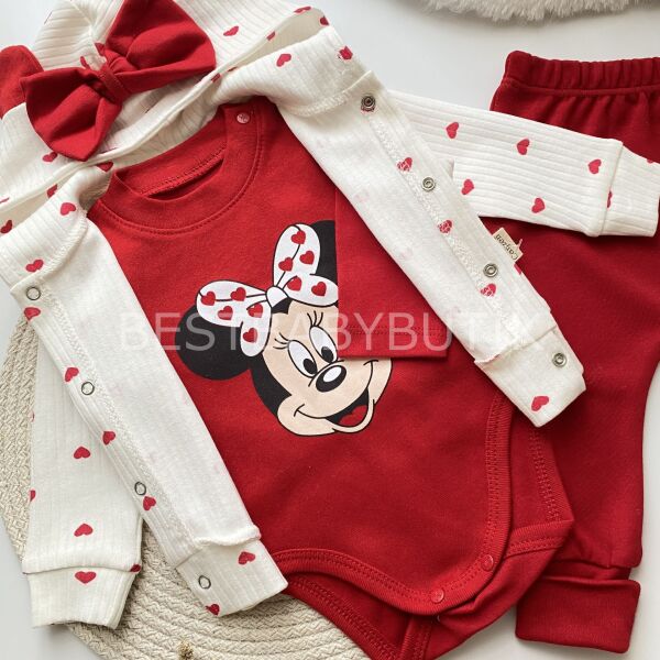 MİNNİE MAUSE KAPŞONLU FİYONK DETAYLI KALPLİ 3’LÜ TAKIM
