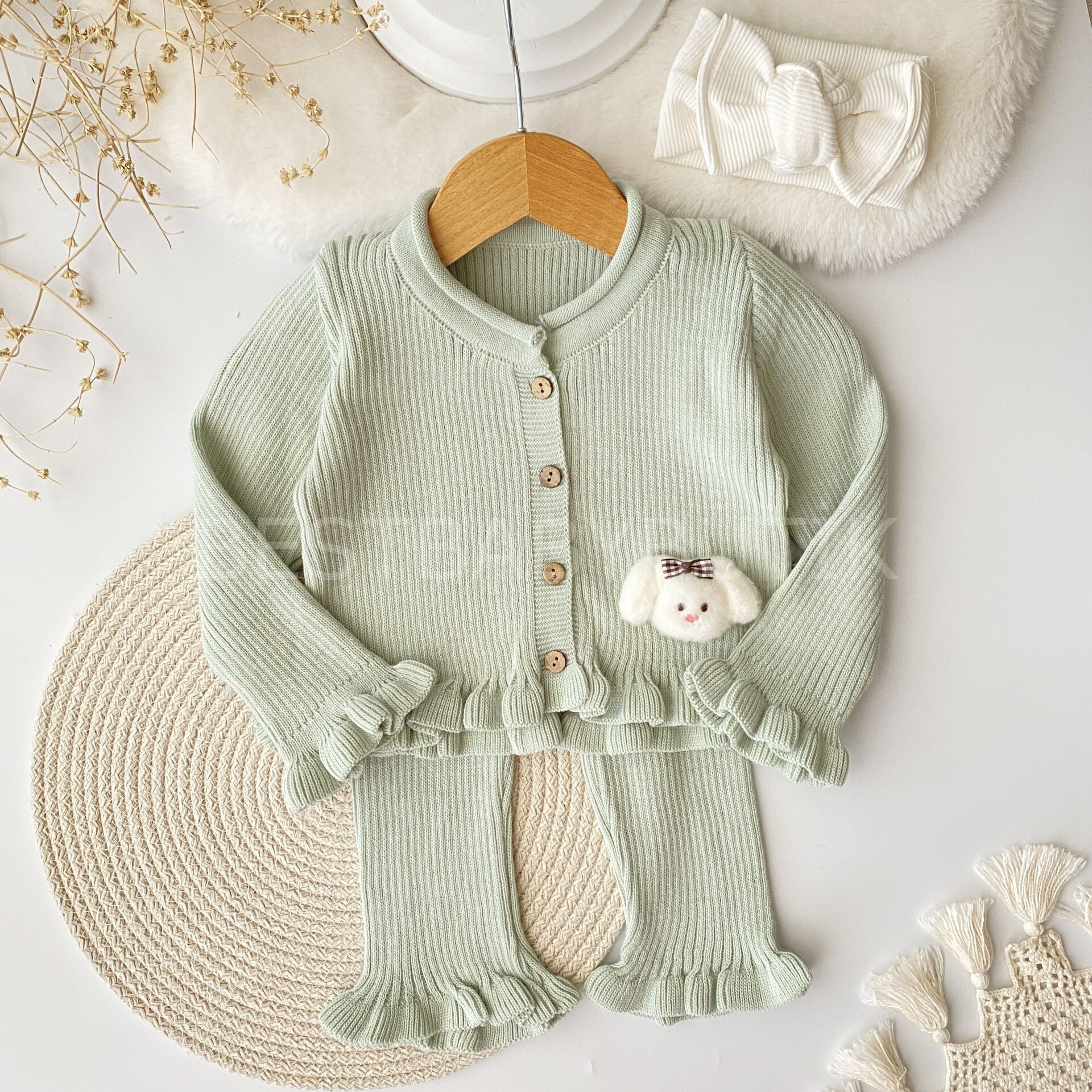 Peluş Tavşanlı Fırfırlı Fitilli Triko Takım