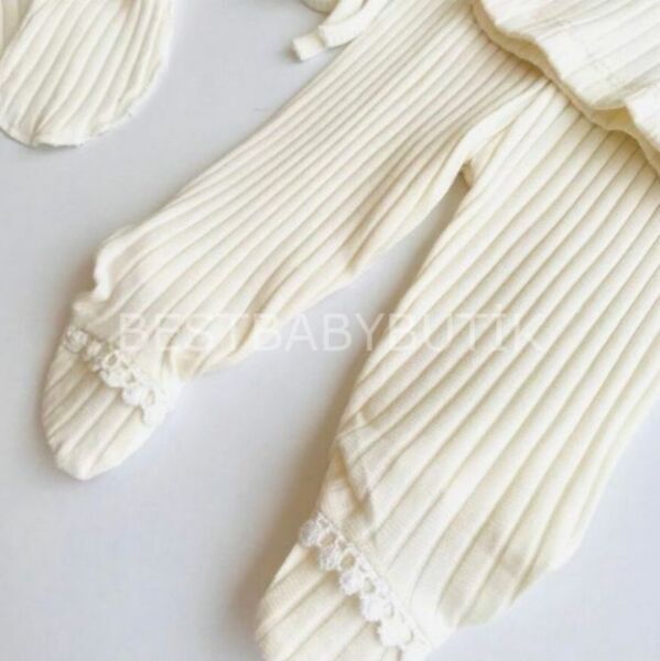 EKRU FİSTO YAKA DETAYLI FİTİLLİ  5 PARÇA HASTANE ÇIKIŞI SETİ