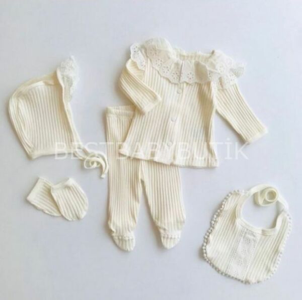 EKRU FİSTO YAKA DETAYLI FİTİLLİ  5 PARÇA HASTANE ÇIKIŞI SETİ