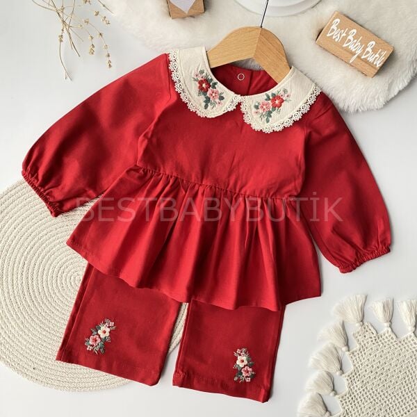 Çiçek Nakışlı Bebe Yakalı Robalı Bol Paça 2’Li Takım