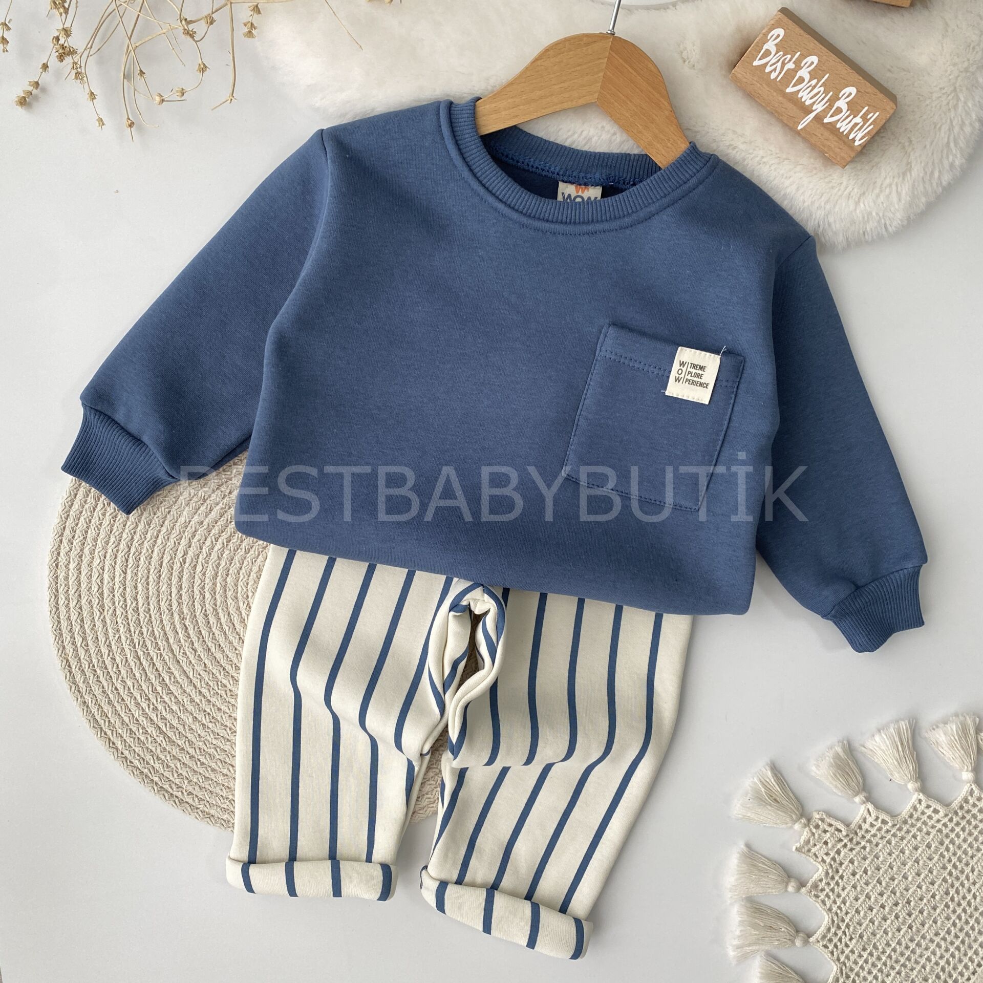 Yan Cep Detaylı Çizgili Şardonlu Oversize Takım 3 YAŞ