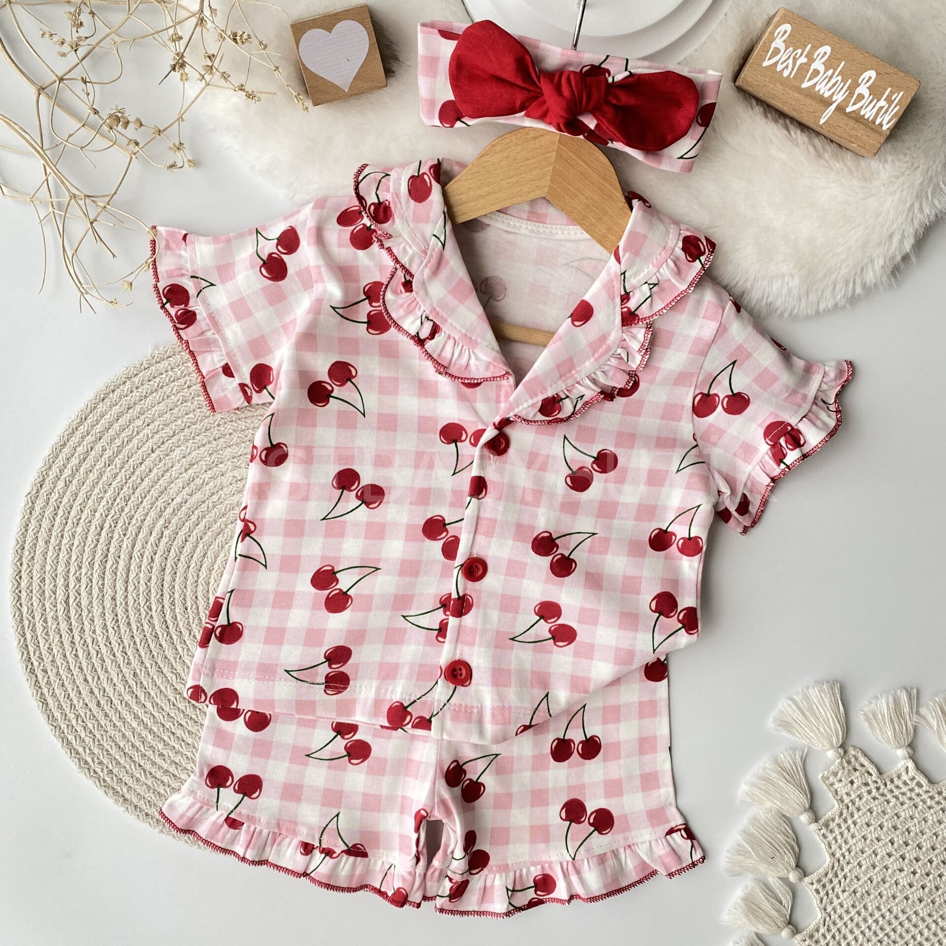 Kirazlı Fırfırlı Bandanalı Pijama Takımı