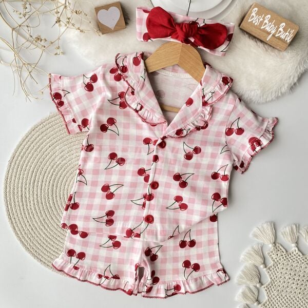 Kirazlı Fırfırlı Bandanalı Pijama Takımı