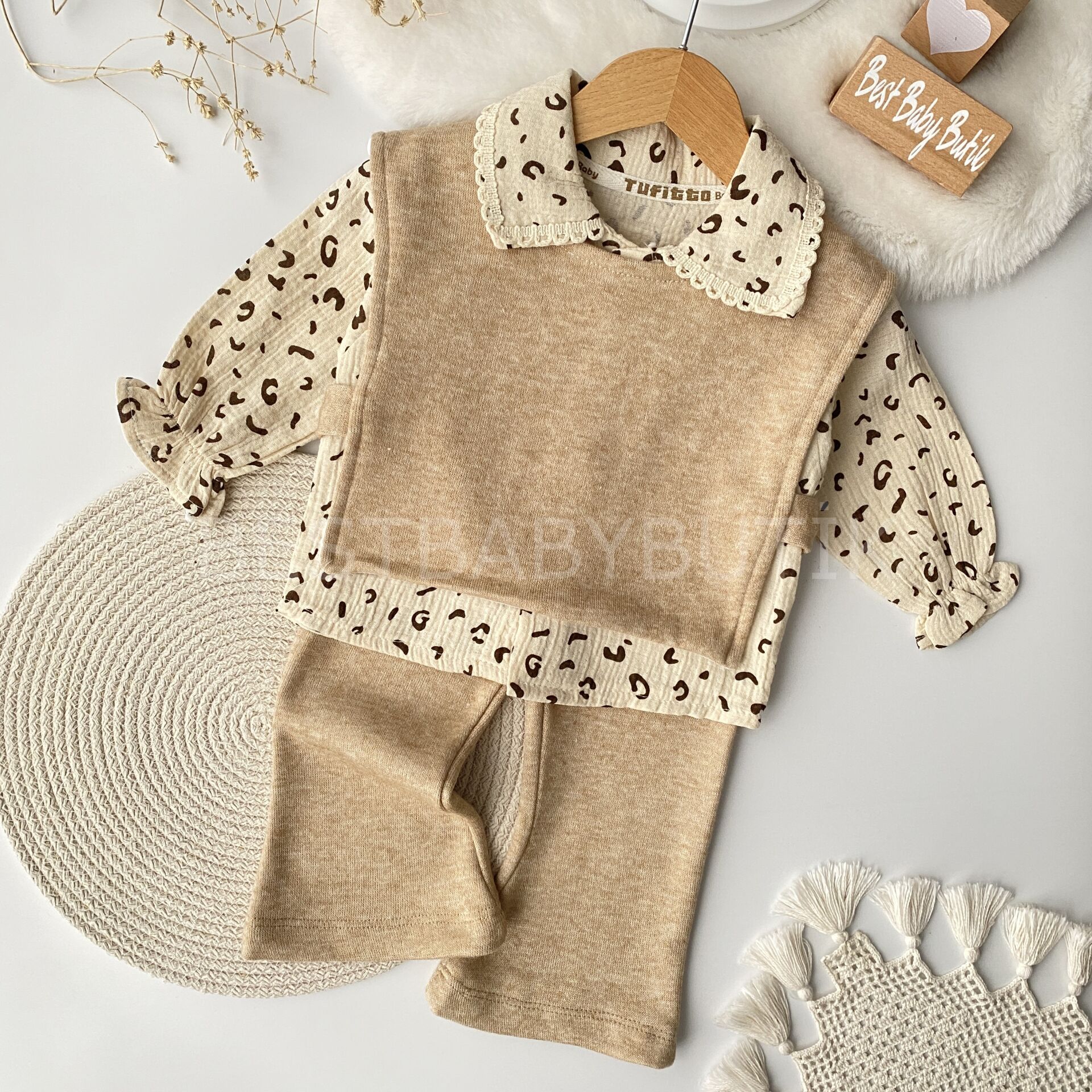 Leopar Desenli İspanyol Paçalı Süveterli 3’Lü Takım