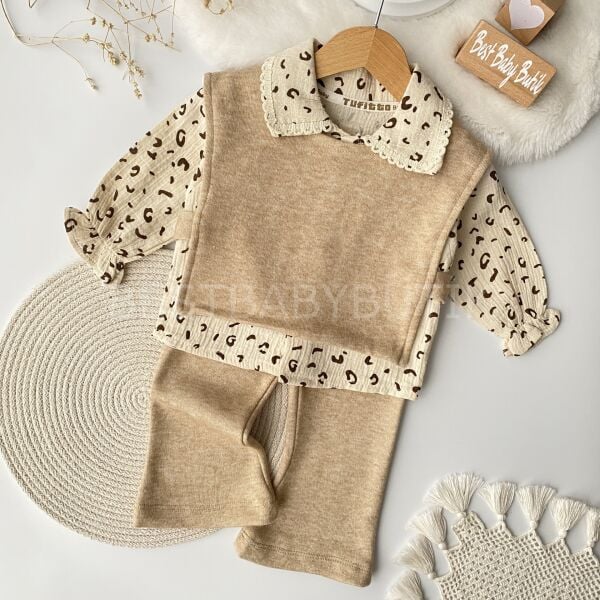 Leopar Desenli İspanyol Paçalı Süveterli 3’Lü Takım