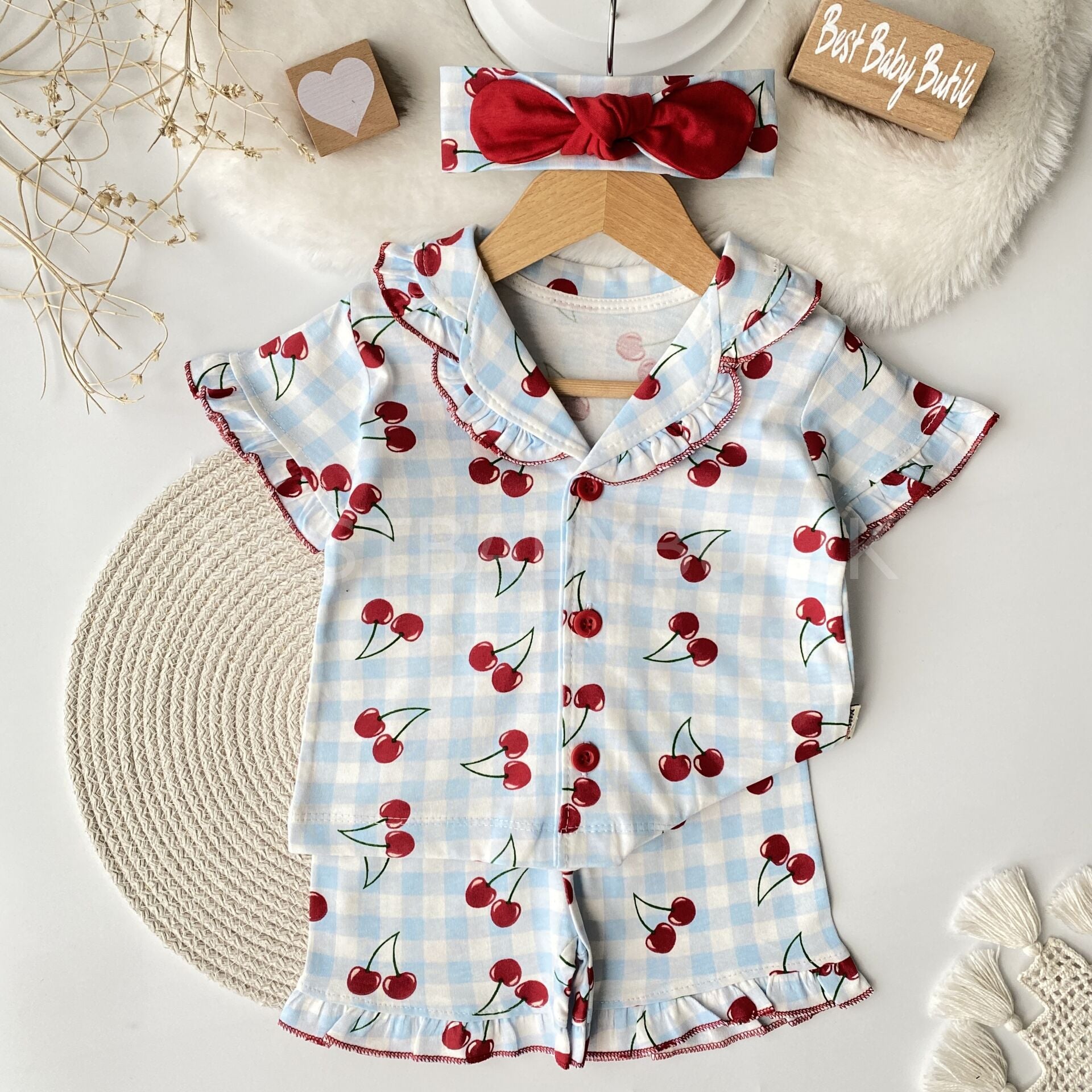 Kirazlı Fırfırlı Bandanalı Pijama Takımı 12-18 AY