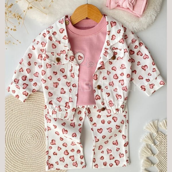 Kalp Desenli İspanyol Paça Kot Ceketli 3’lü Takım