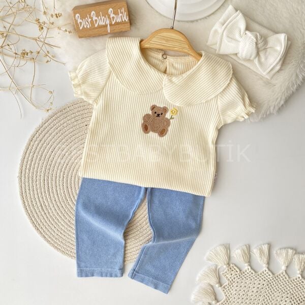 Ayıcık Nakışlı Bebe Yaka Kot Taytlı Takım