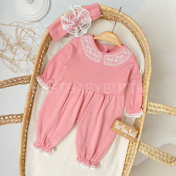 Güpür Detaylı Bebe Yaka Tulum Ve Bandanası