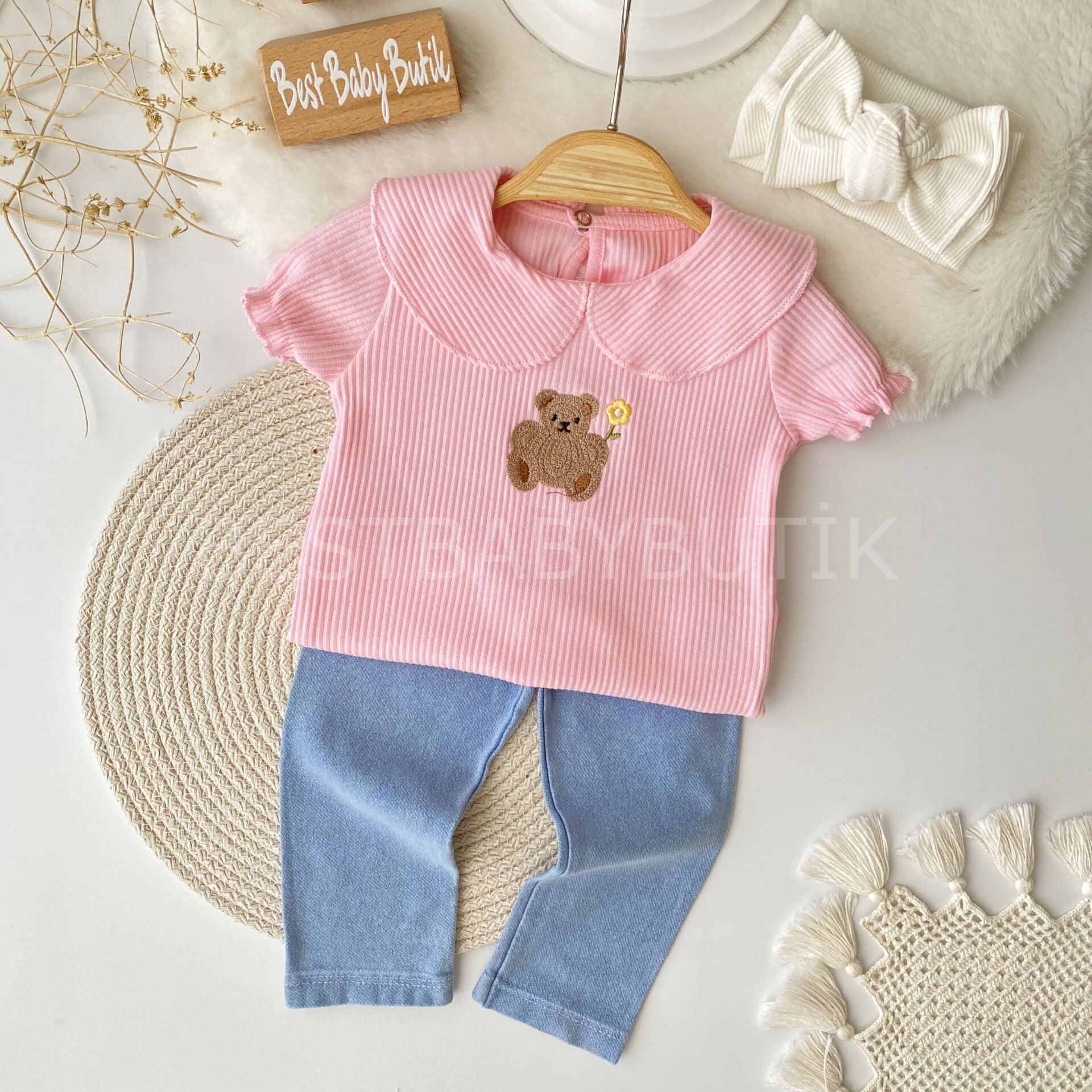 Ayıcık Nakışlı Bebe Yaka Kot Taytlı Takım 18-24 AY