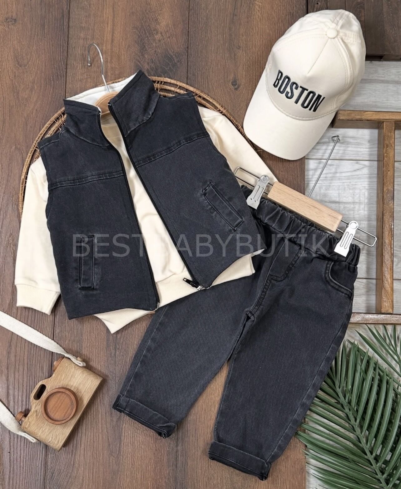 Baston Yazılı Kot Yelekli 4’LÜ Takım