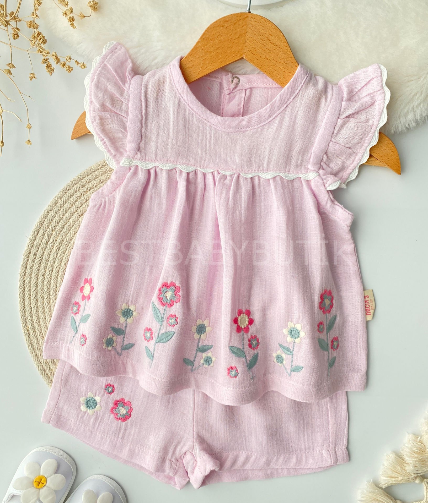 Fiyona Çiçek Nakışlı Müslin Robalı 2’Li Takım