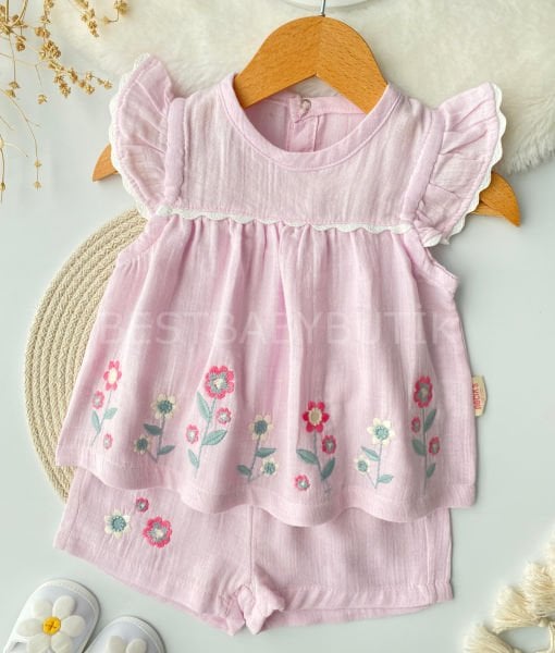 Fiyona Çiçek Nakışlı Müslin Robalı 2’Li Takım