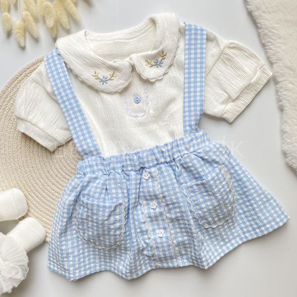 DAİSY EKOSE DESENLİ ÇİÇEK İŞLEMELİ BLUZ DETAYLI ASKILI ELBİSE 9-12 AY