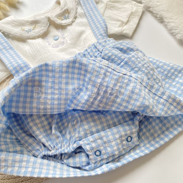 DAİSY EKOSE DESENLİ ÇİÇEK İŞLEMELİ BLUZ DETAYLI ASKILI ELBİSE 9-12 AY