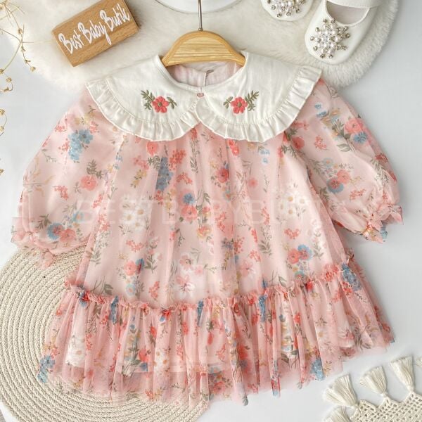 Premium Bahar Çiçekleri Bebe Yakalı Uçuş Uçuş Elbise