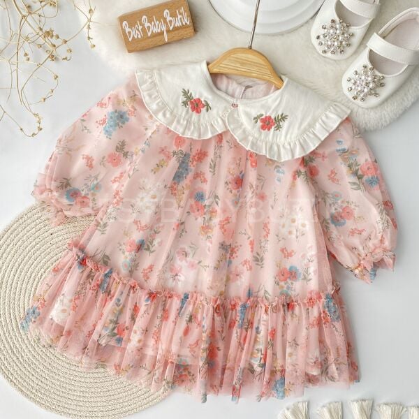 Premium Bahar Çiçekleri Bebe Yakalı Uçuş Uçuş Elbise