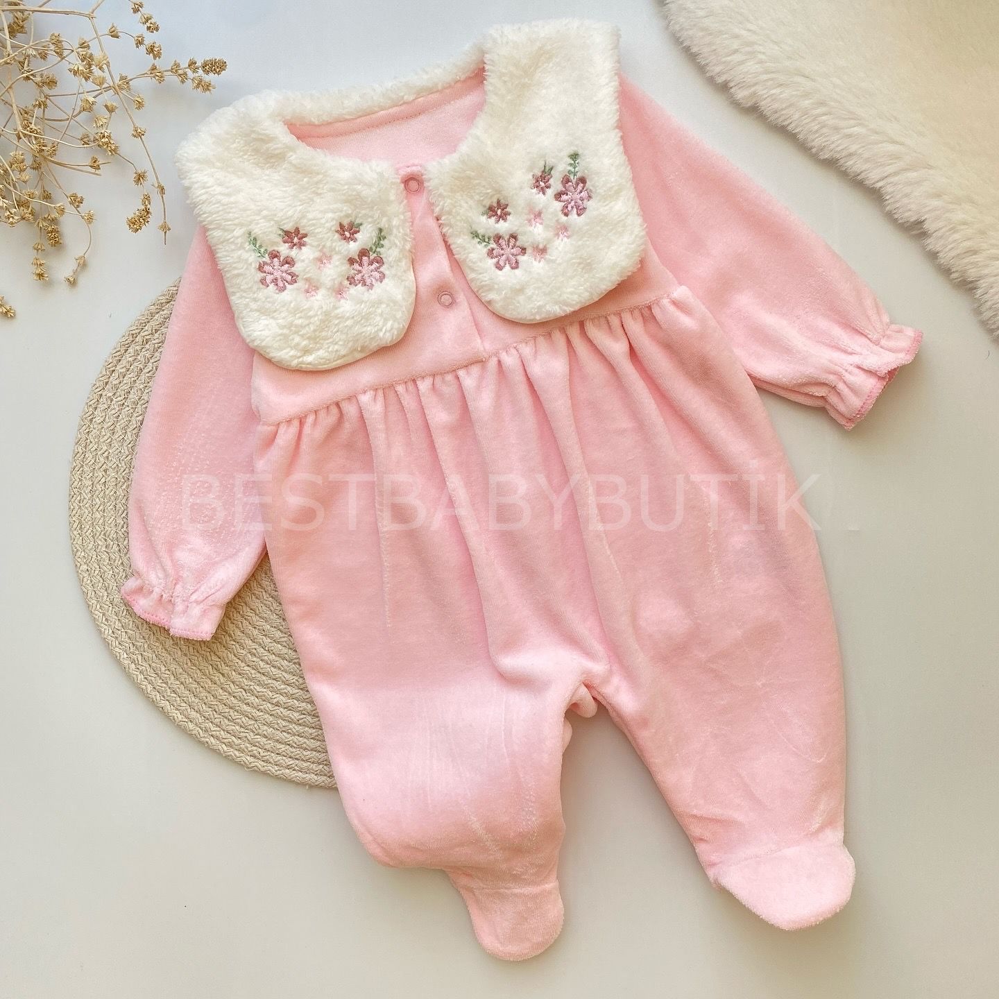 MEVA NAKIŞLI PELUŞ YAKA DETAYLI KADİFE TULUM