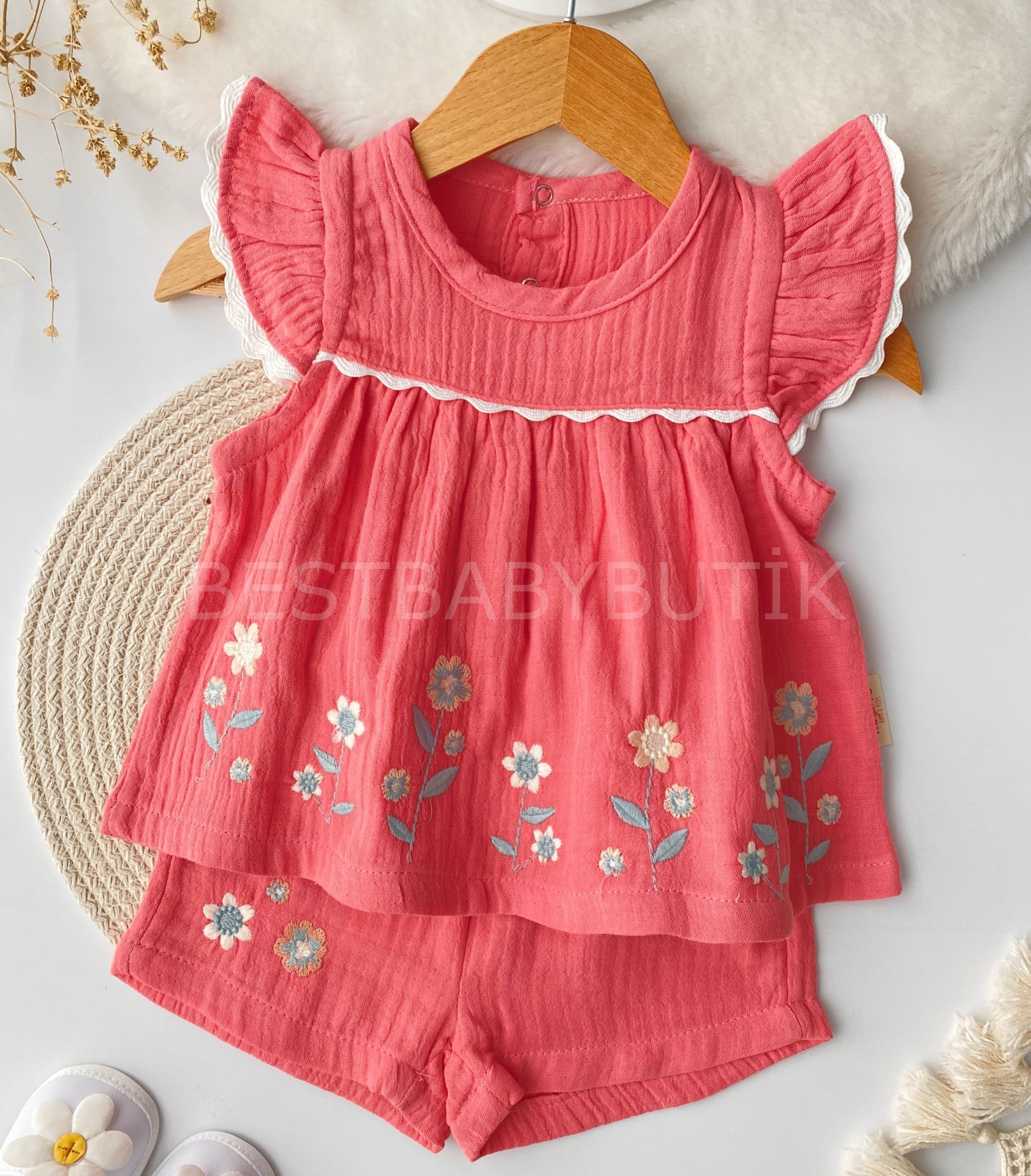 Fiyona Çiçek Nakışlı Müslin Robalı 2’Li Takım