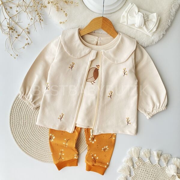 Çiçek Nakışlı Bebek Yaka Hırkalı 3’Lü Takım