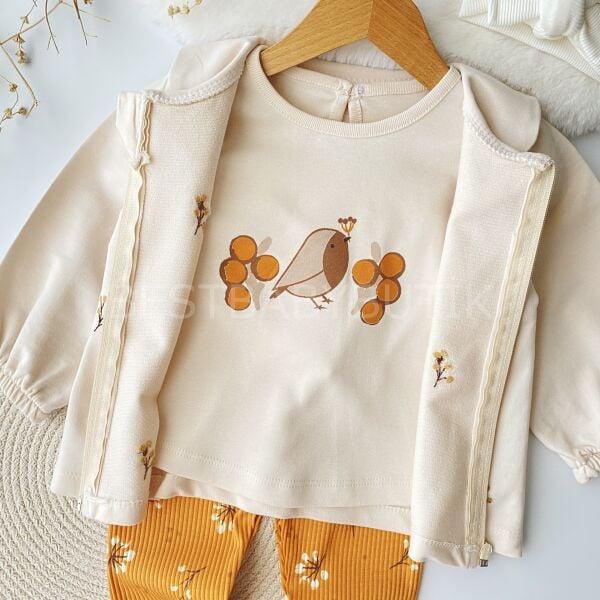 Çiçek Nakışlı Bebek Yaka Hırkalı 3’Lü Takım