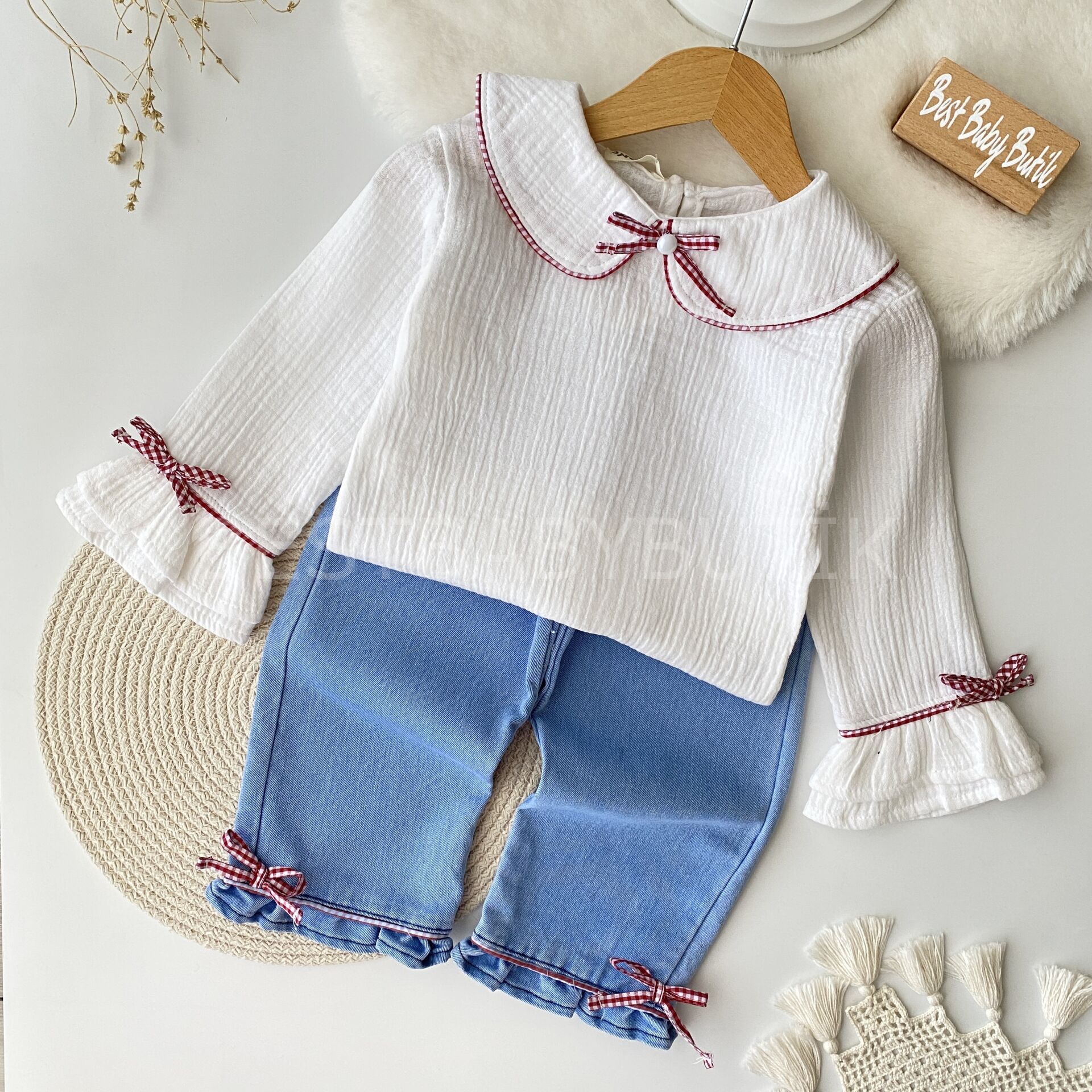 Pitikare Kurdaleli Müslin Gömlekli Kot Pantolonlu Takım (1-2-3YAŞ) 1 YAŞ