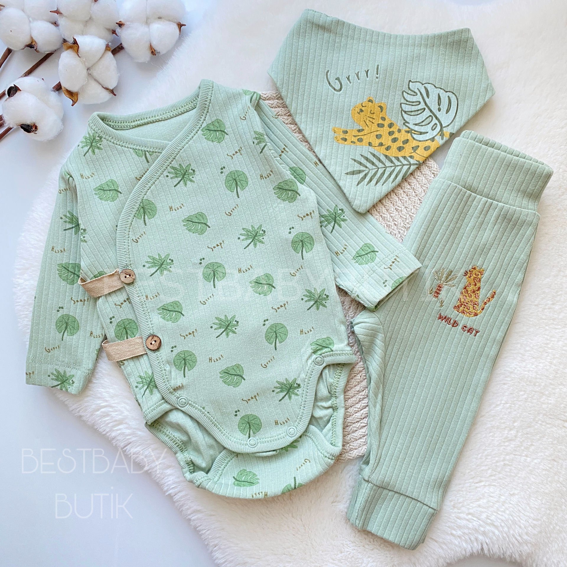 WİLD CAT YAPRAK DESENLİ FİTİLLİ ORGANİK 3 PARÇA SET