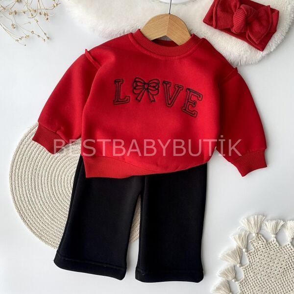 Love Nakışlı Balon Kol Şardonlu 2’Li Bol Paça Takım