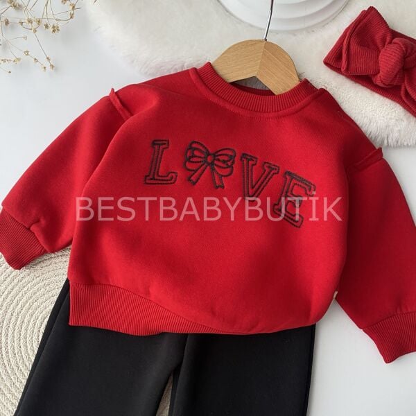 Love Nakışlı Balon Kol Şardonlu 2’Li Bol Paça Takım