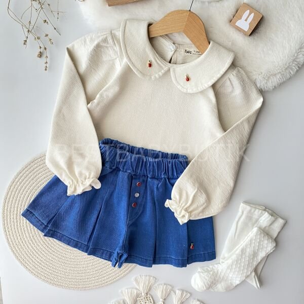 Uğurböceği Detaylı Bebe Yaka Kot Şortlu Takım (1-2-3YAŞ) - KÜLOTLUÇORAP HEDİYELİ 1 YAŞ