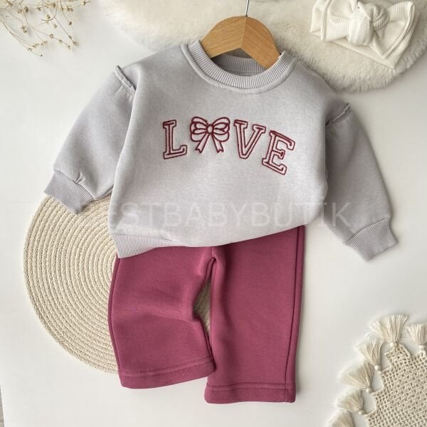 Love Nakışlı Balon Kol Şardonlu 2’Li Bol Paça Takım