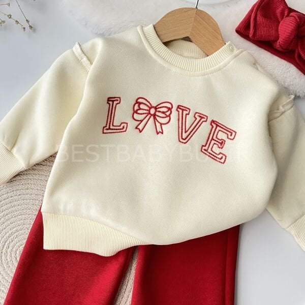 Love Nakışlı Balon Kol Şardonlu 2’Li Bol Paça Takın