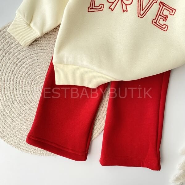 Love Nakışlı Balon Kol Şardonlu 2’Li Bol Paça Takın