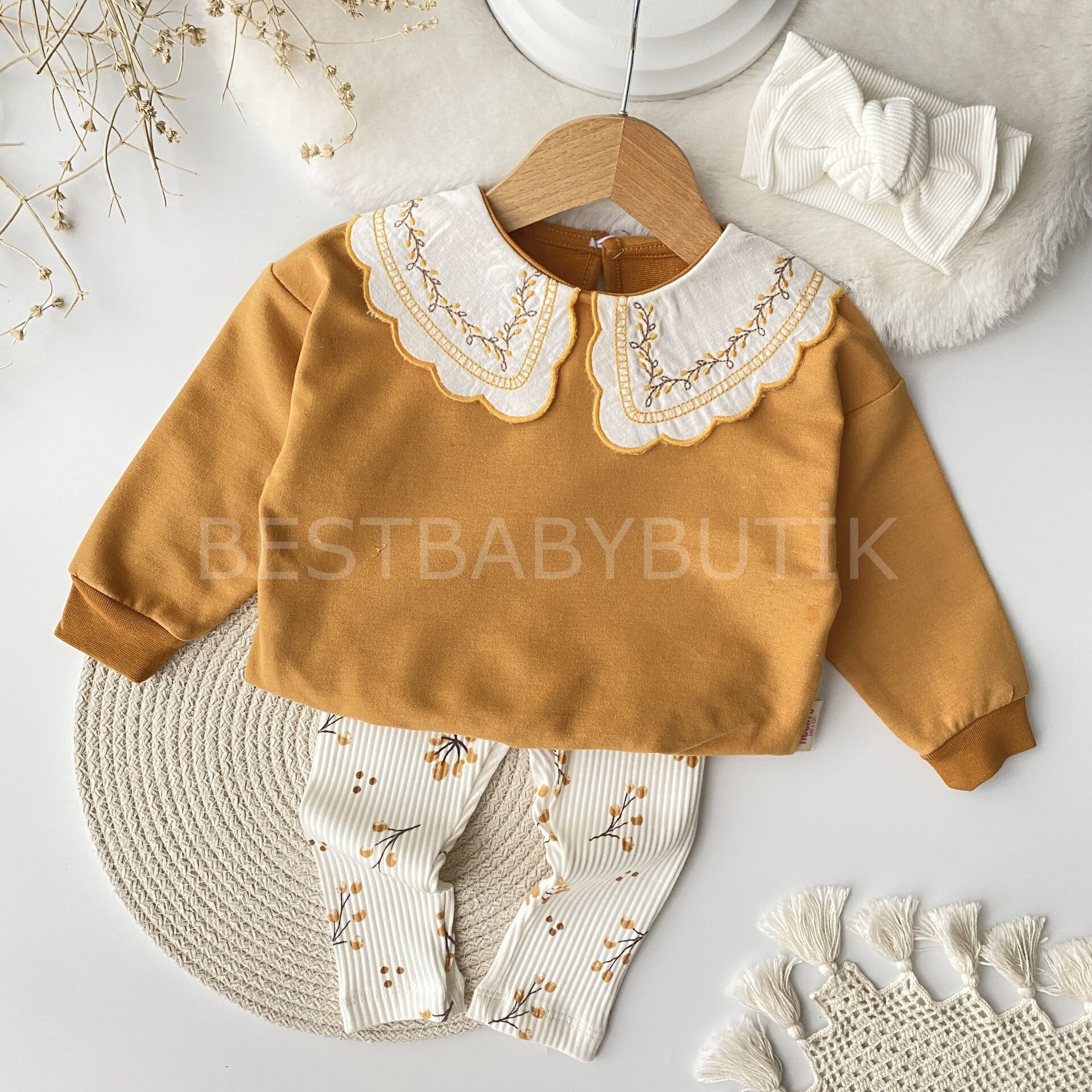 Sonbahar Nakışlı Bebe Yaka Detaylı %100 Pamuk 2’Li Takım