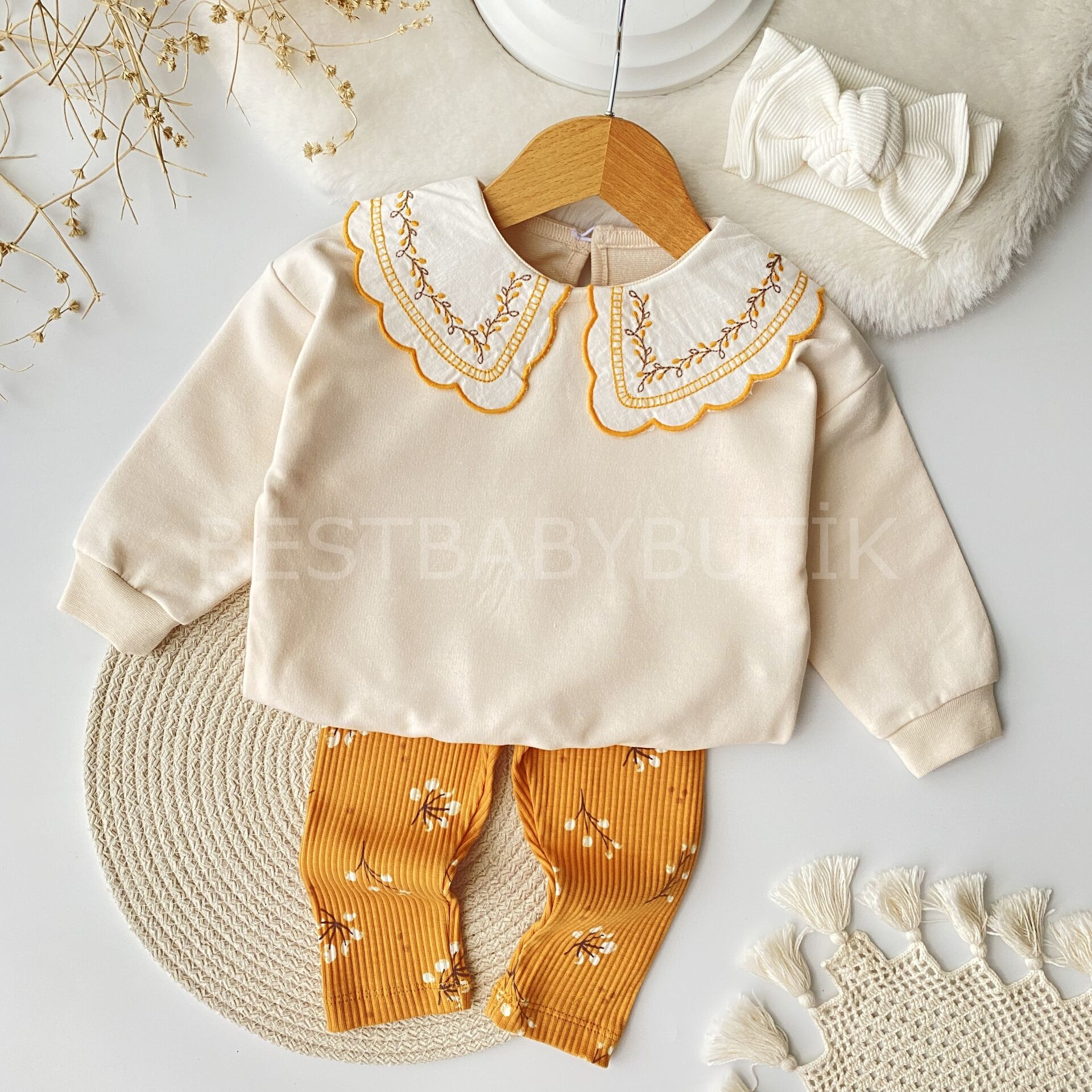 Sonbahar Nakışlı Bebe Yaka Detaylı %100 Pamuk 2’Li Takım