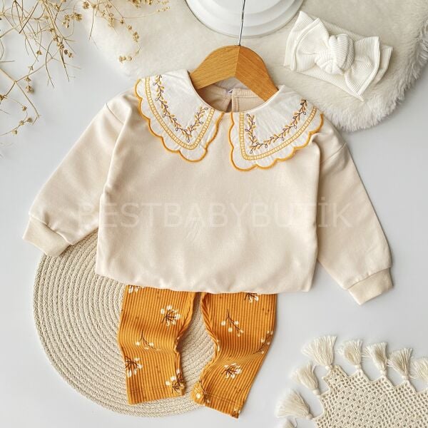 Sonbahar Nakışlı Bebe Yaka Detaylı %100 Pamuk 2’Li Takım